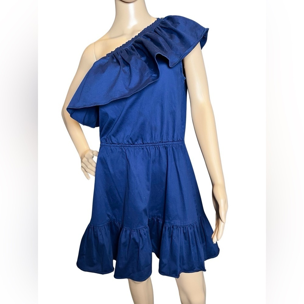 Devlin Thea Dress One Shoulder Ruffled Babydoll Flounce Mini Dress Medium Blue